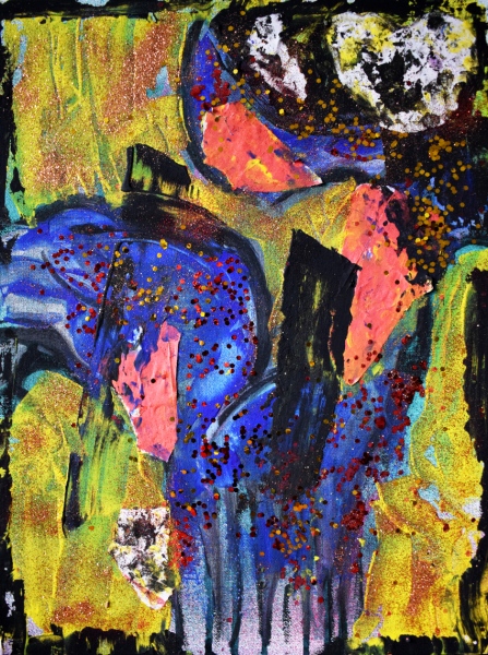 Celluloid acrylic, glitter and paper on canvas board 40 x 30 2020
